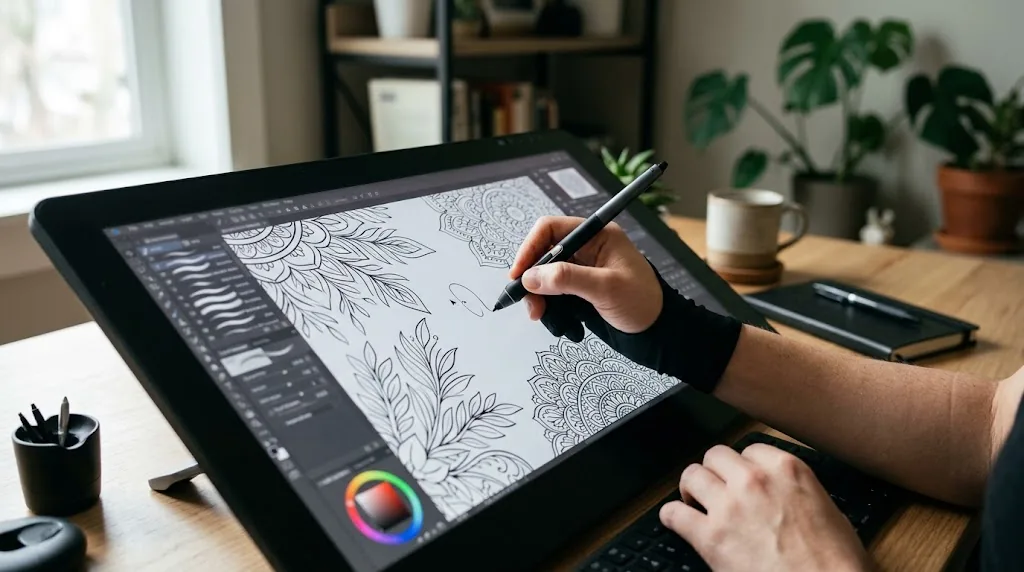 Mãos refinando traços vetoriais em preto e branco para página de colorir em tela digital