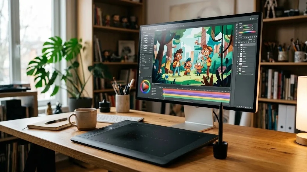 Estação de trabalho criativa com monitor exibindo cena de desenho animado 2D e mesa digitalizadora