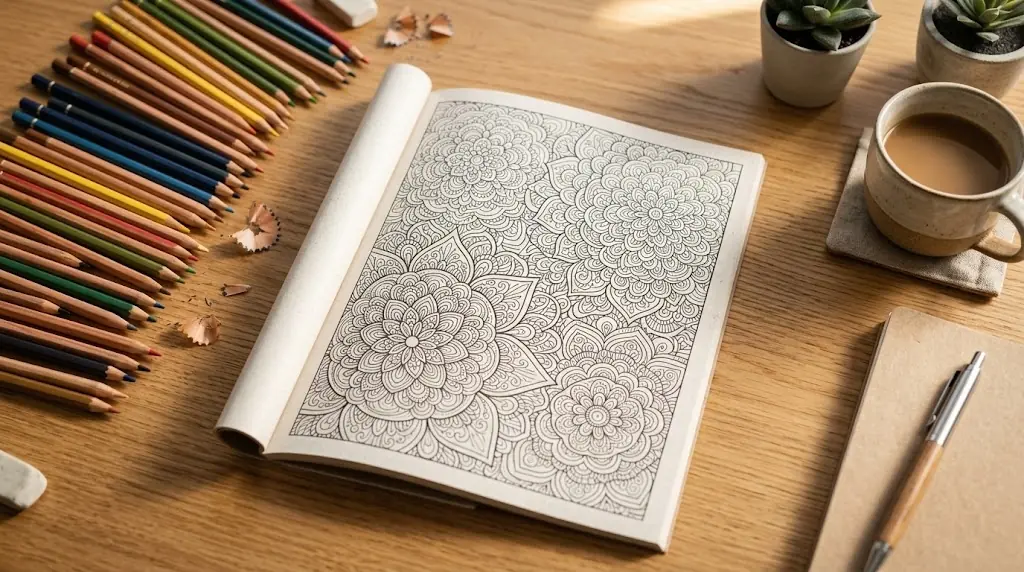 Livro de colorir aberto sobre mesa de madeira com ilustrações de mandalas e lápis coloridos