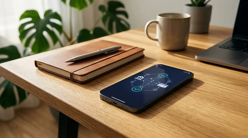 Smartphone sobre mesa de madeira exibindo tela de compartilhamento do Open Finance