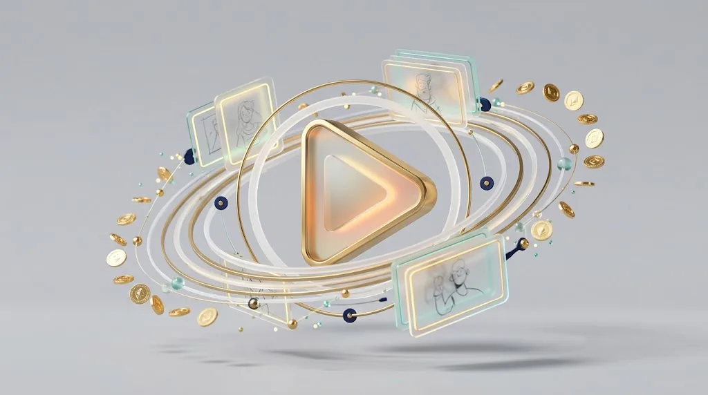 Renderização conceitual em 3D de botão de reprodução dourado com quadros animados e moedas