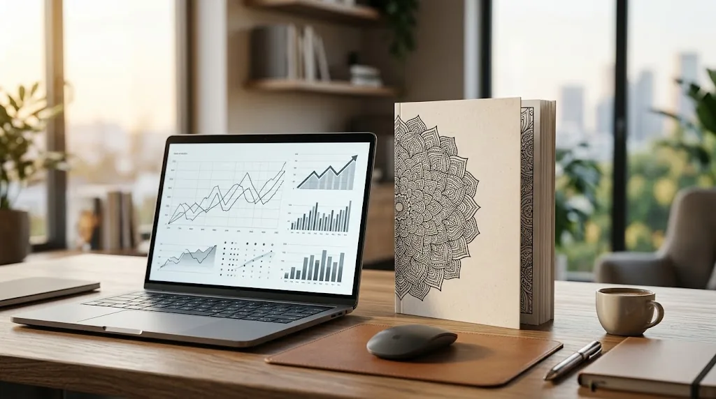Livro de colorir físico impresso com mandalas ao lado de notebook com gráficos de vendas