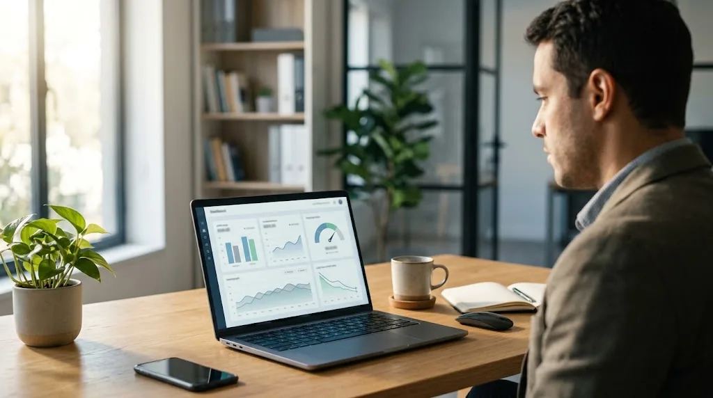 Consultor financeiro analisando relatórios de taxas de crédito no computador