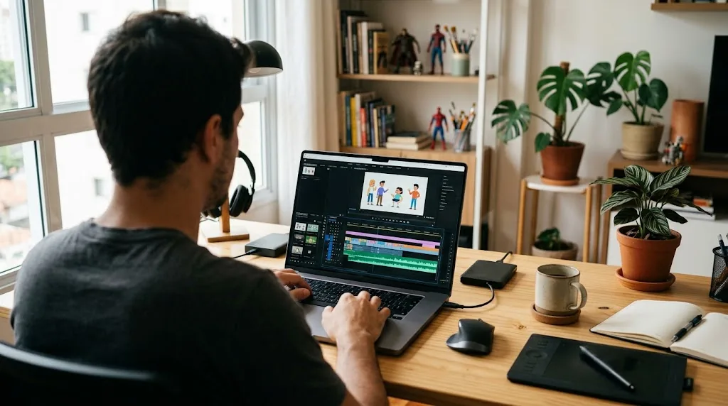 Criador de conteúdo editando linha do tempo de animação com trilha de áudio no computador